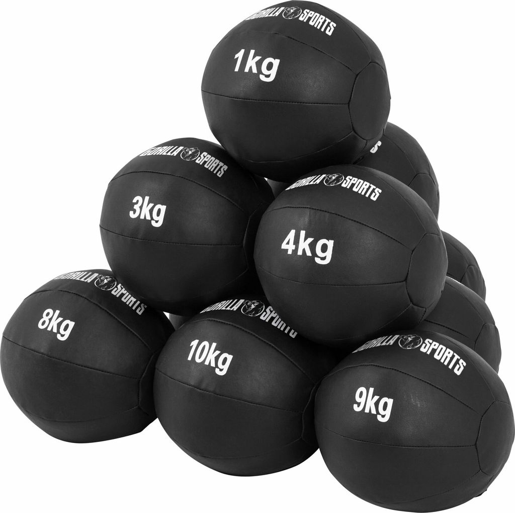 GORILLA SPORTS Medizinball - Set 55kg Gewichte, 29cm, aus Leder, Schwarz - Trainingsball, Fitnessball, Gewichtsball, Slam Ball
