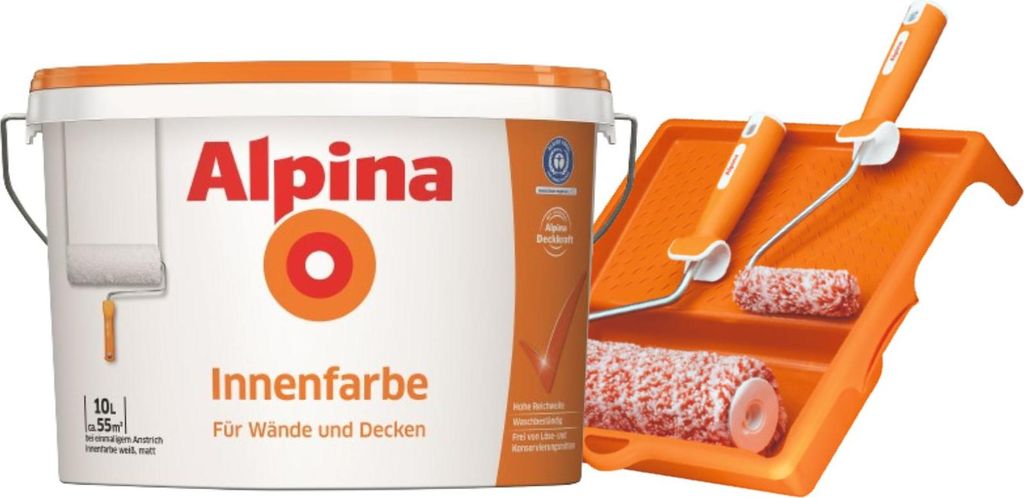 Alpina Innenfarbe 10 Liter + Roller-Set & Farbwanne Produktbild 