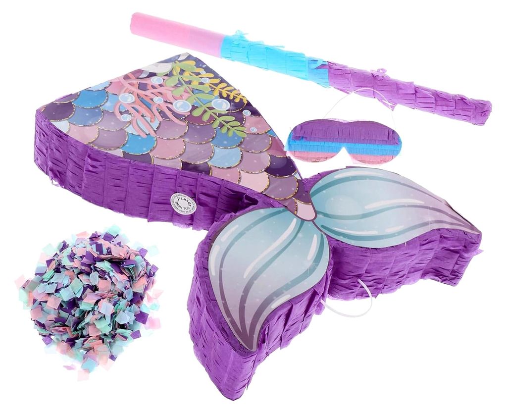 Mermaid Piñata für Kindergeburtstage mit Blindfold und Stock, bunte Dekoration für Geburtstagsfeiern, gefüllt mit Süßigkeiten