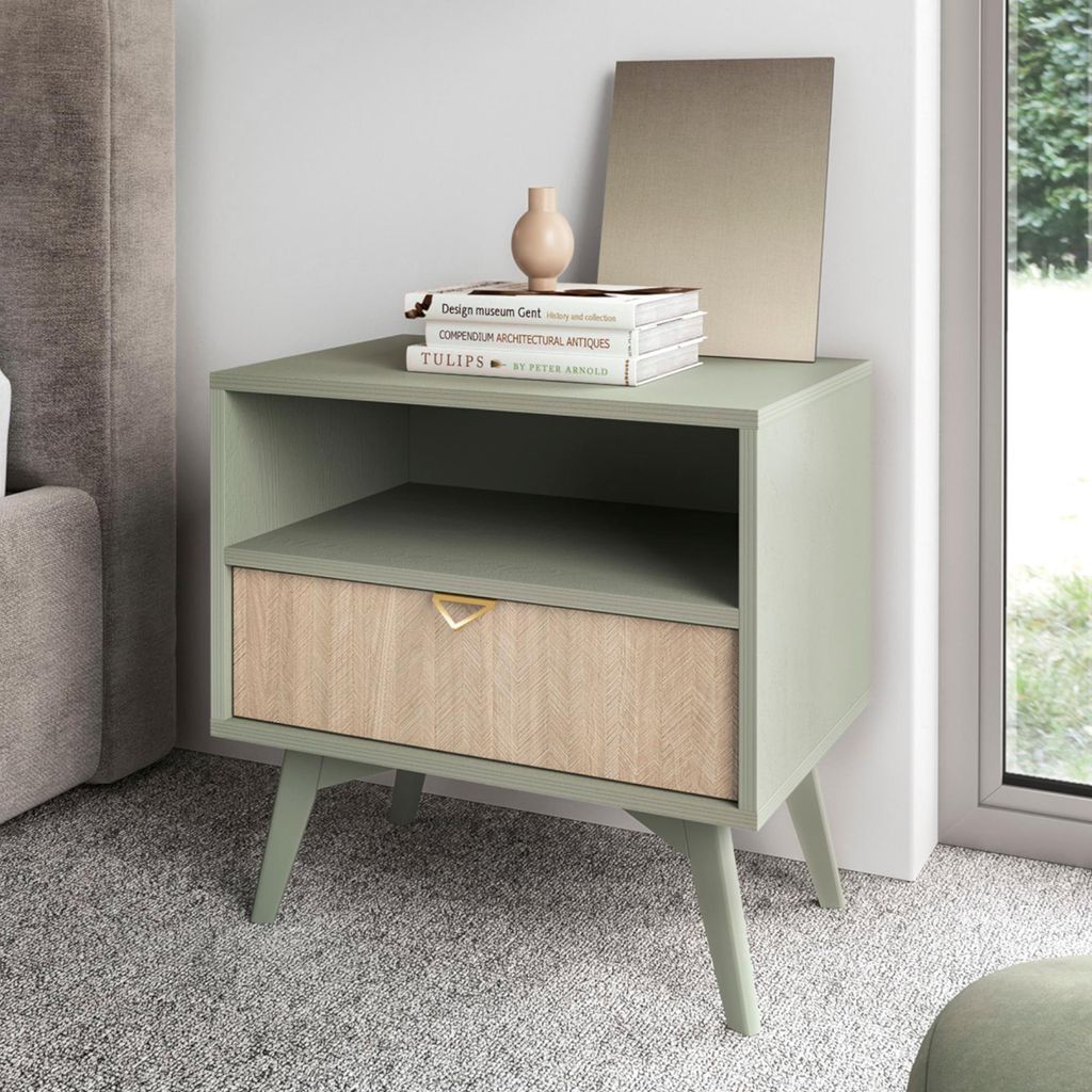 Komodee, Nachtschrank TOFINO - Eiche - Grün - Metallgriffe - Schublade - Breite 54 cm, Höhe 54 cm, Tiefe 38 cm