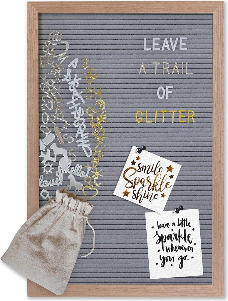 GADGY® Retro Filz Letter Board Grau - Mit 710 golden, Silber & weiße Buchstaben und Beutel - 30x45 cm