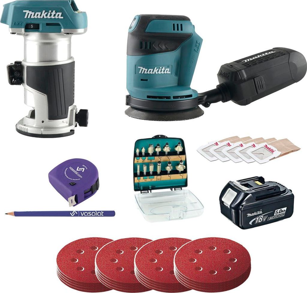 Makita Akku Exzenterschleifer 18V DBO180Z + Schleifscheiben Set 4-teilig K60/80/120/180 + Akku-Einhandfräse 18V DRT50Z, + Fräser 12-teilig, + 1x ...