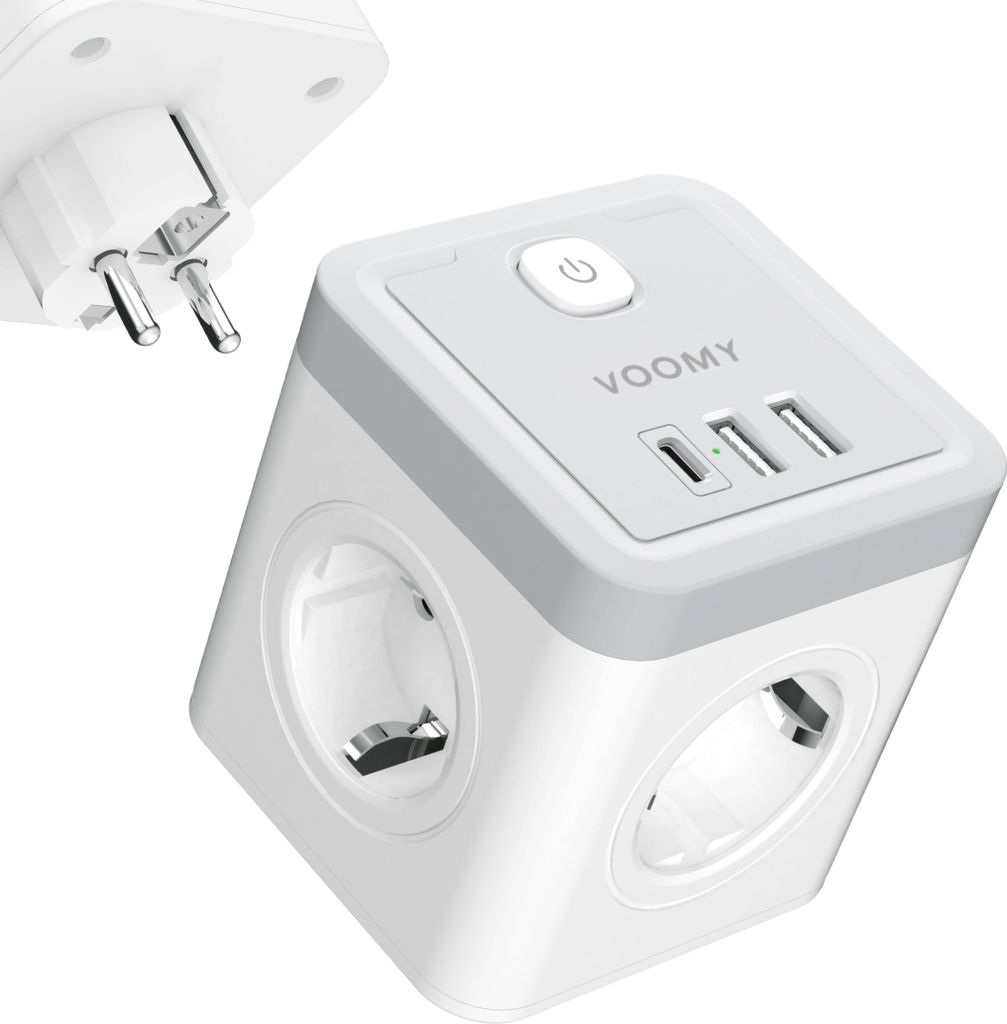 VOOMY 7-in-1 Mehrfachstecker – Steckdosenadapter 4-Fach mit 3 USB – 1 USB-C 20W - Kompakt & 4000W – Weiß