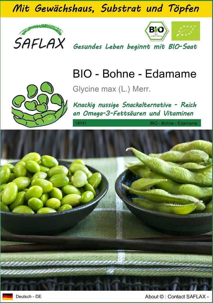 SAFLAX Anzucht Set - BIO - Bohne - Edamame - Glycine max (L.) Merr. - 8 Samen - Mit Mini-Gewächshaus, Anzuchtsubstrat und 2 Töpfen