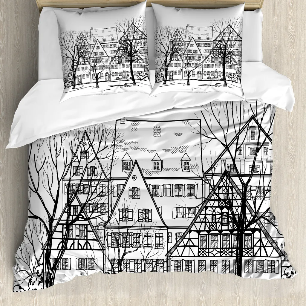 ABAKUHAUS Copripiumino con vista città, strada europea, antiacaro, adatto a chi soffre di allergie, con federe, 155 cm x 220 cm - 80 x 80 cm, bianco e nero