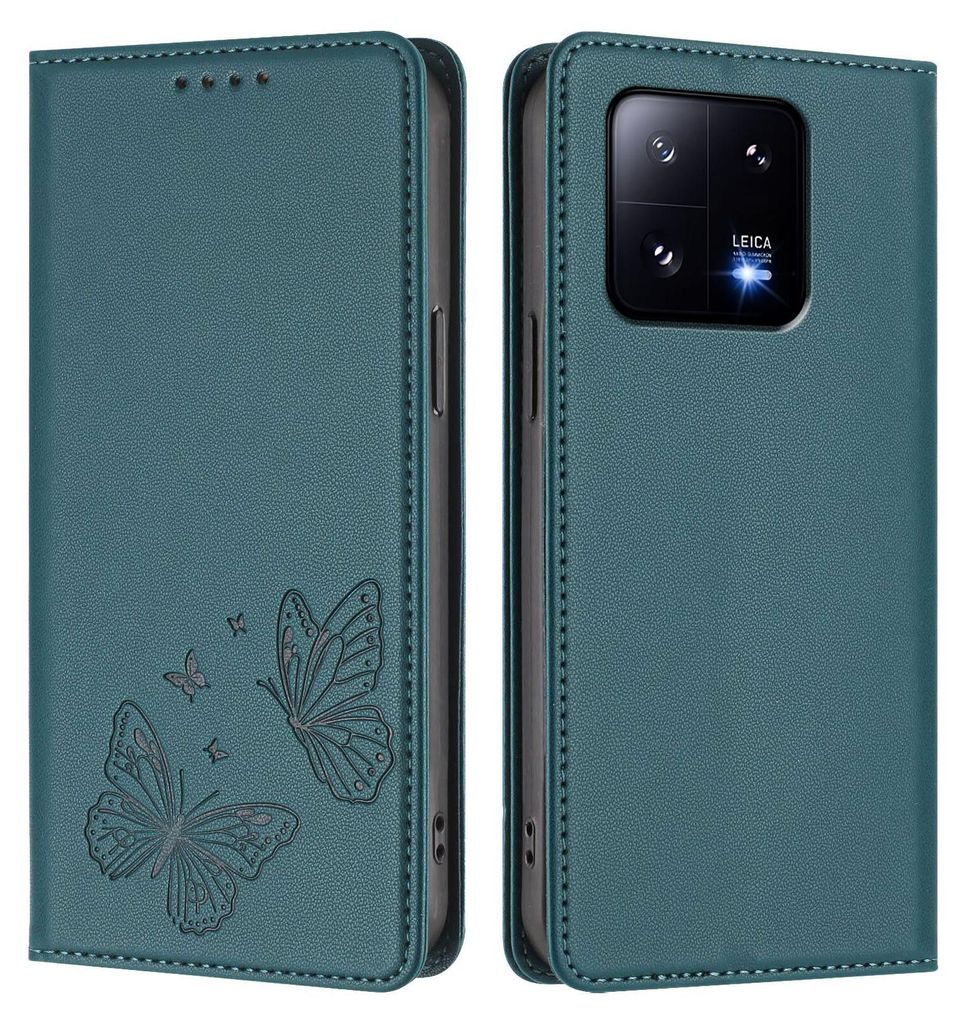 Lederhülle für Xiaomi 13 Pro, Schmetterling Prägung Leder Brieftasche Schutzhülle mit Ständer Grün