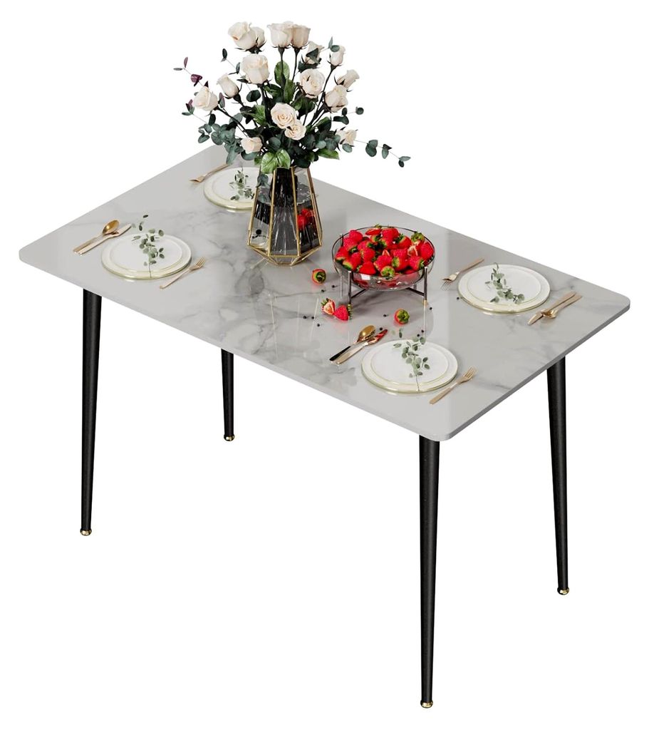 Esszimmertisch Marmor 120x70cm, kleiner Küchentisch für 4 Personen, schmaler Esstisch für Wohnzimmer in Hochglanz Weiß, skandinavisches Design ...