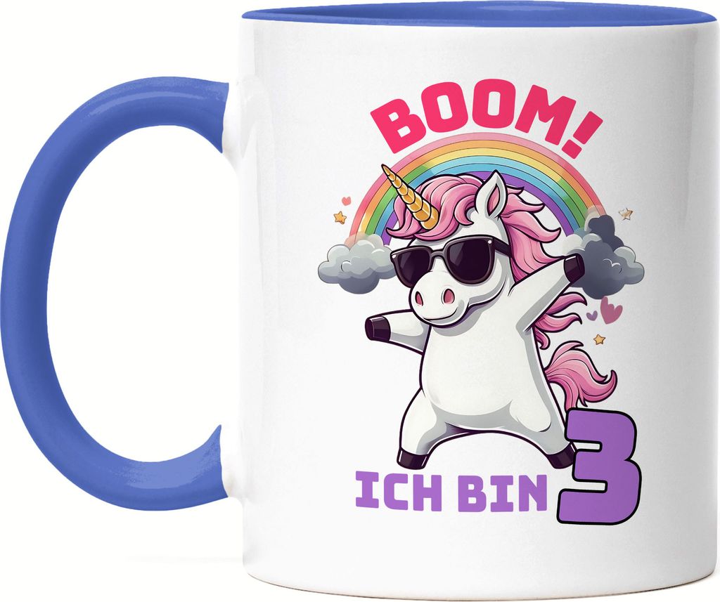Boom Ich Bin 3 Tasse Blau Kindergeburtstag Einhorn Geschenk Party Dabbing Regenbogen Spaß