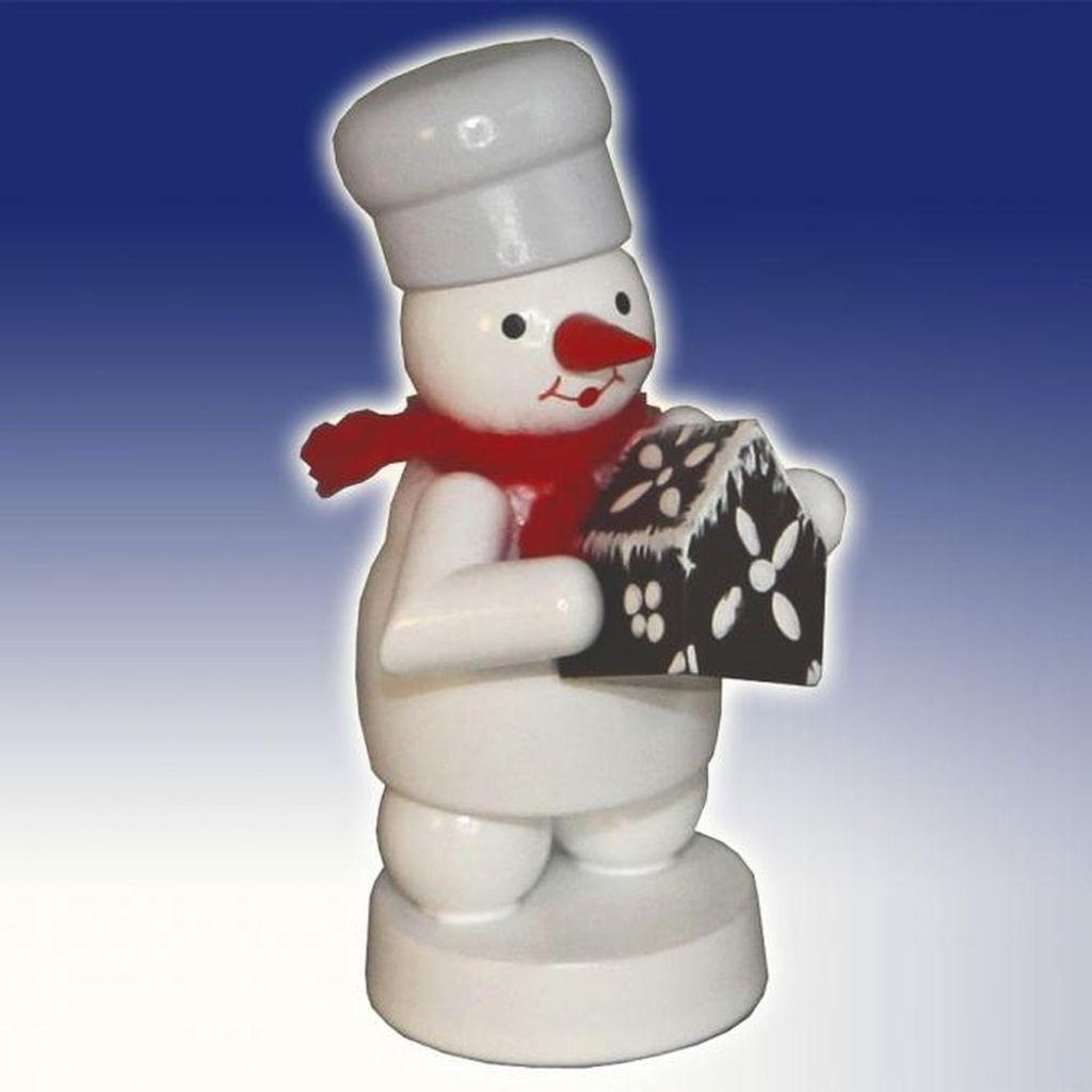 Schneemann Bäcker mit Pfefferkuchenhaus (8cm) von Zenker Volkskunst