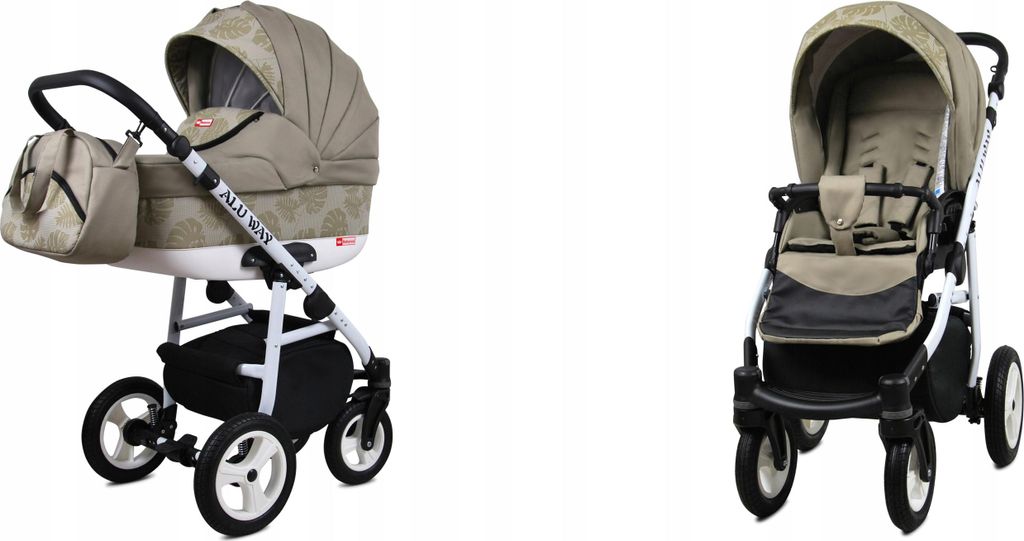 BabyLux Alu Way | 2in1 Kinderwagen Set | Khaki Monstera Leaves | Kombikinderwagen | Kinderwagenset | Buggy + Babywanne