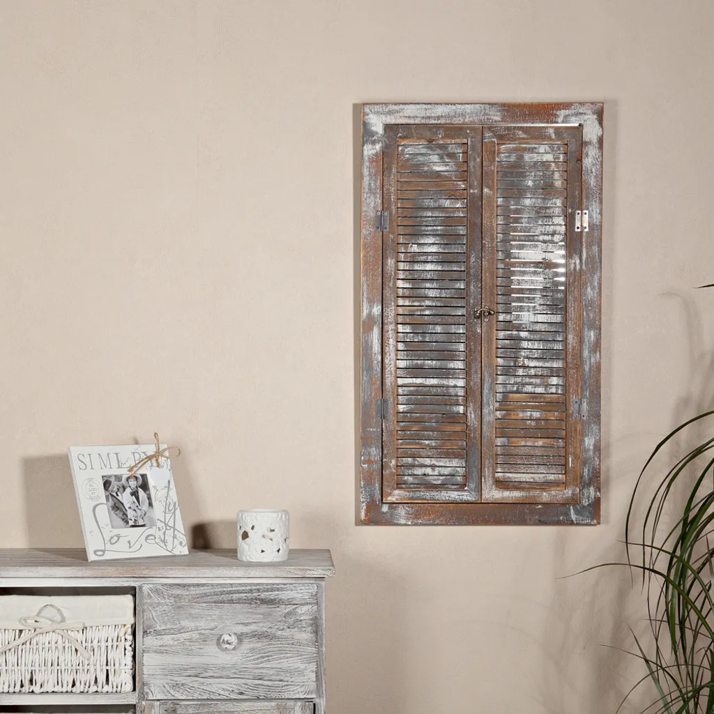 Specchio Finestra Legno Mucola 72cm con Persiane Marrone Shabby Chic