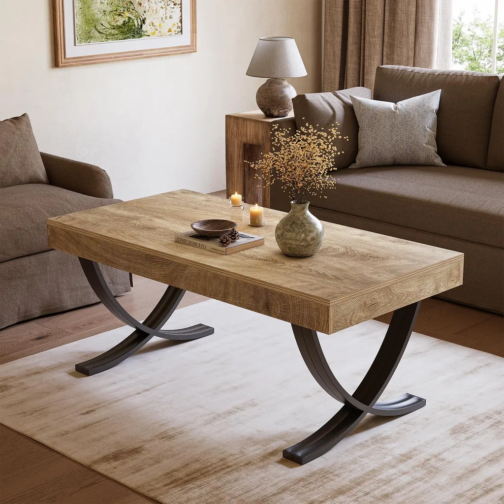 Table basse bois et métal stable pour sol irrégulier design industriel
