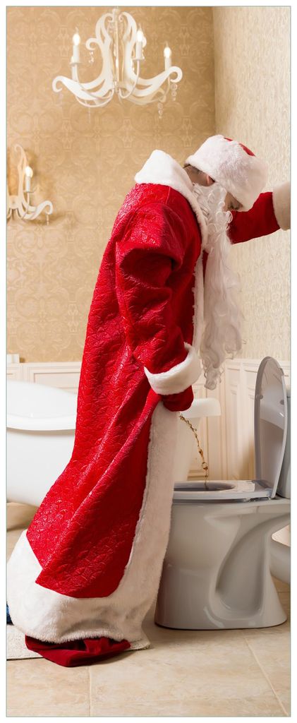 Wallario Premium Glasbild, freischwebende Optik, kräftige Farben, Größe 125 x 50 cm Motiv Weihnachtsmann macht Pause und pinkelt auf edler Toilette