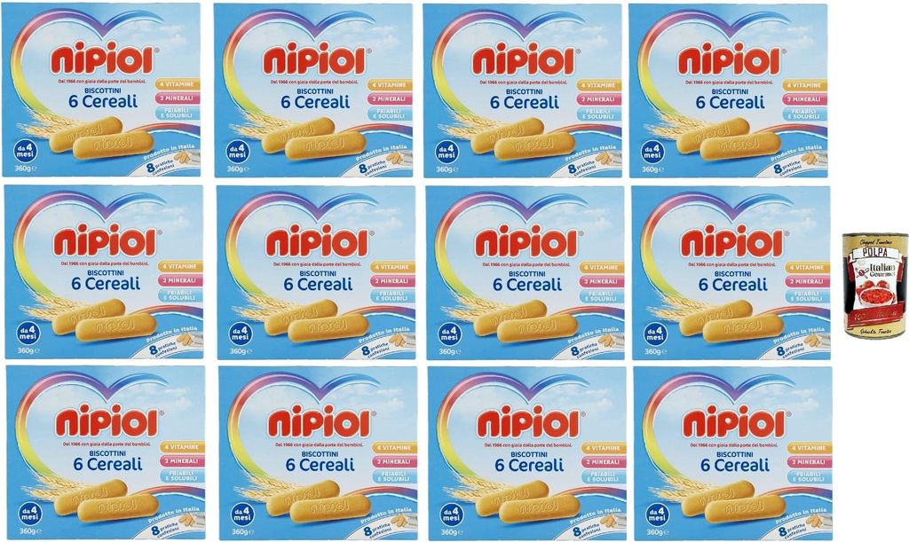 Nipiol Biscottini 6 Cereali, 12x 360 g + Italian Gourmet polpa 400g