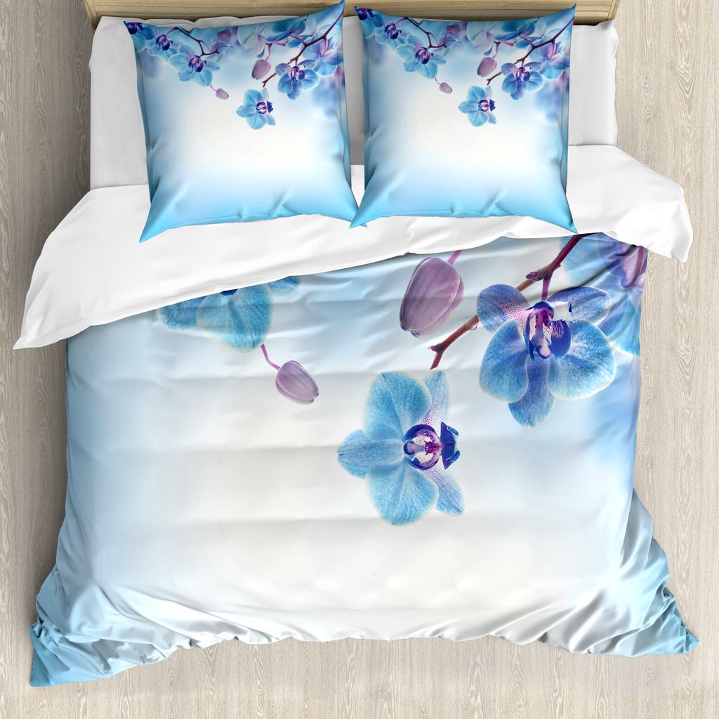 ABAKUHAUS Blume Bettbezug, Orchideen Natur, Milbensicher Allergiker geeignet mit Kissenbezügen, 200 cm x 200 cm - 80 x 80 cm, Blau und Lila