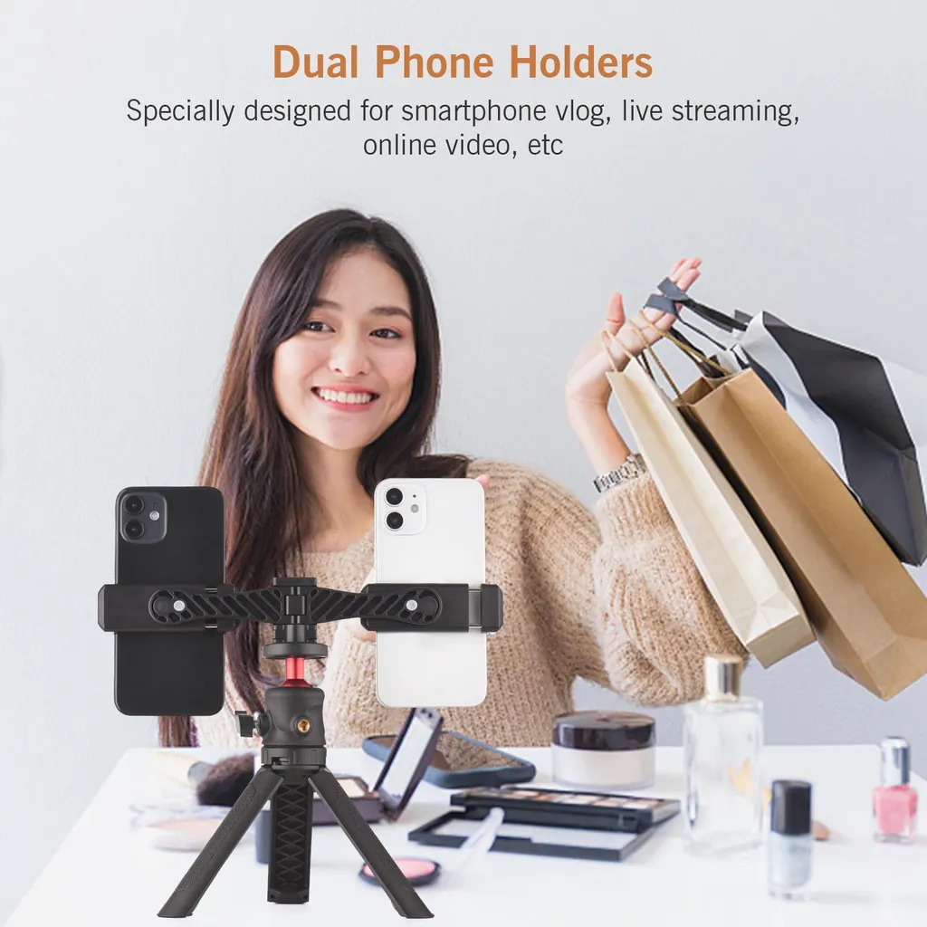 Set video multifunzionale per smartphone Andoer, comprensivo di supporto universale per treppiede per cellulare con due attacchi, 4 attacchi a slitta fredda + desktop per vlog, live streaming, lezioni online