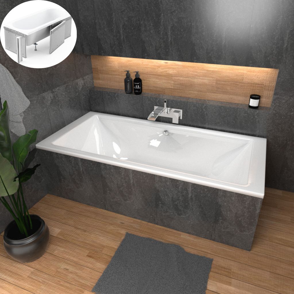 ECOLAM große Badewanne Doppelbadewanne TAMI 200x90 cm + Styroporverkleidung befliesbar Rechteck Acrylwanne für Zwei Duowanne Ablaufgarnitur Füße