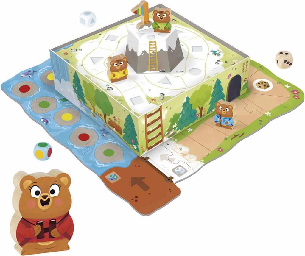 A board game with bear-themed pieces and a mountain-shaped game board.
