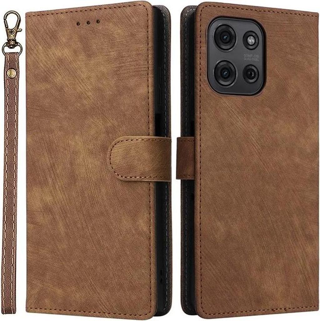 Hülle für Motorola Moto G75 - Phonesta Vintage Skin Book Wallet Klapphülle mit abnehmbarer Kordel - Braun