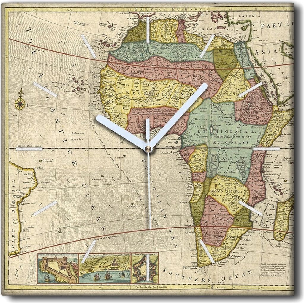 Coloray Uhr auf Leinwand 30x30 cm Wand Uhr Dekoration Wohnzimmer Segeltuch weiße Zeiger -Karte von Afrika Vintage
