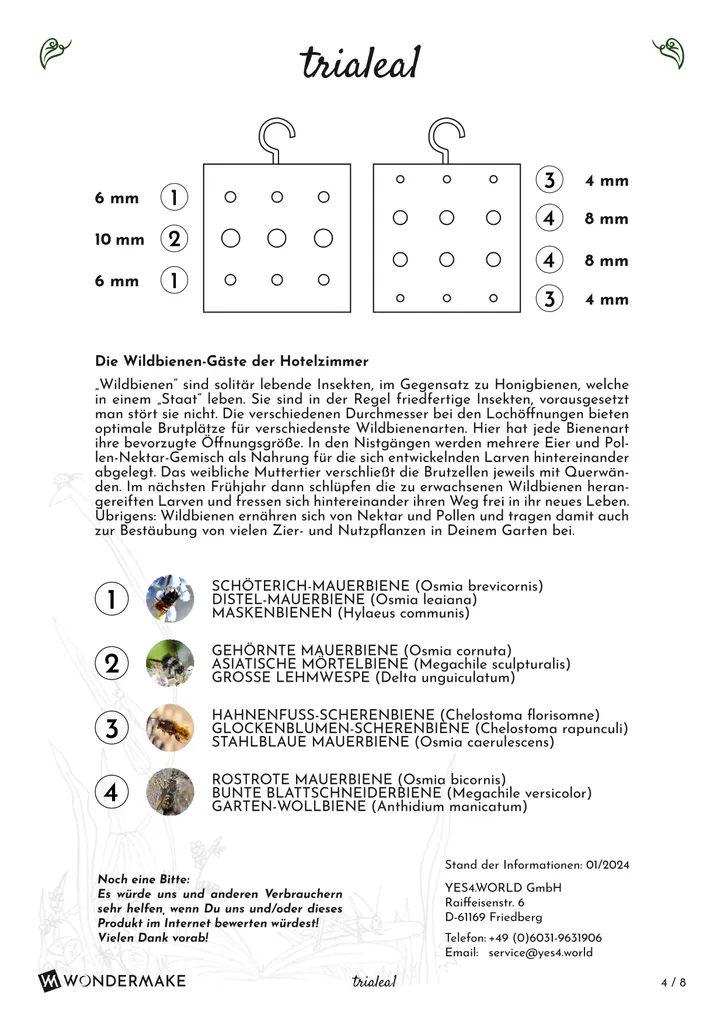 Aide à la nidification pour abeilles de jardin, set 3 hôtels bois suspendus - 6