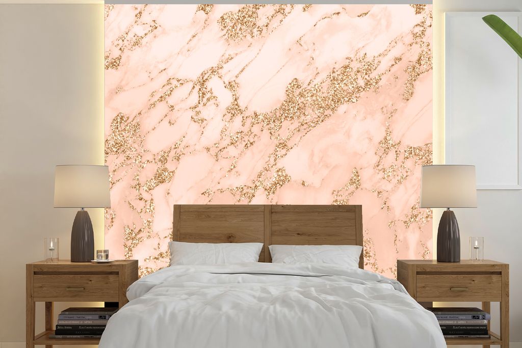 MuchoWow Fototapete für Wohnzimmer oder Schlafzimmer Wandtapete Vinyl Motivtapete Marmor - Rosa - Gold - 220x220 cm - Tapeten