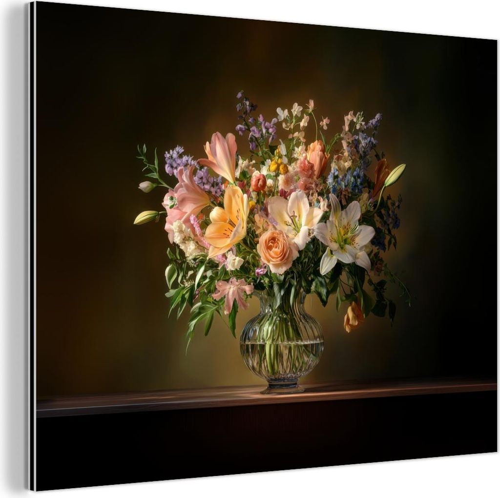 MuchoWow Wanddekoration Metall Metallbild Wandkunst 80x60 cm Gläser - Blumen - Blumenstrauß - Farben MuchoWow Aluminium Gemälde - Alubild