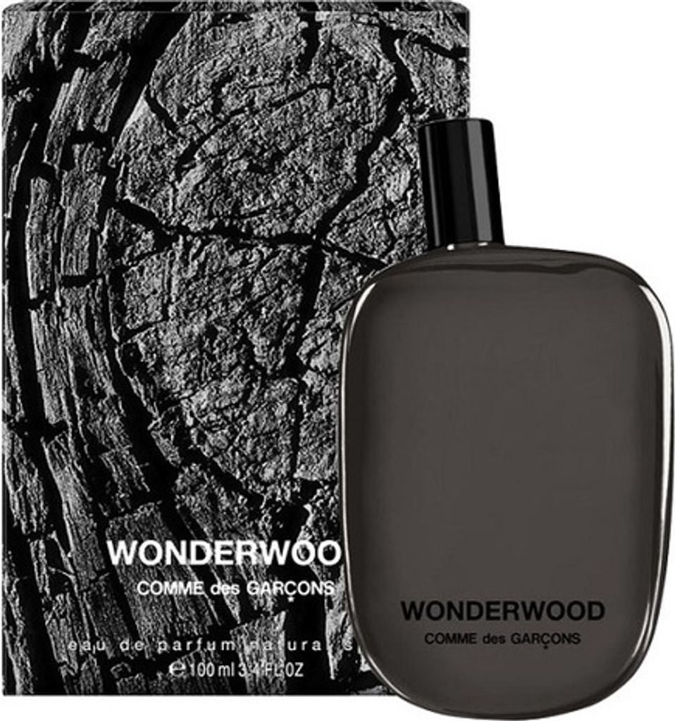 A bottle of Comme des Garçons Wonderwood Eau de Parfum and its packaging.