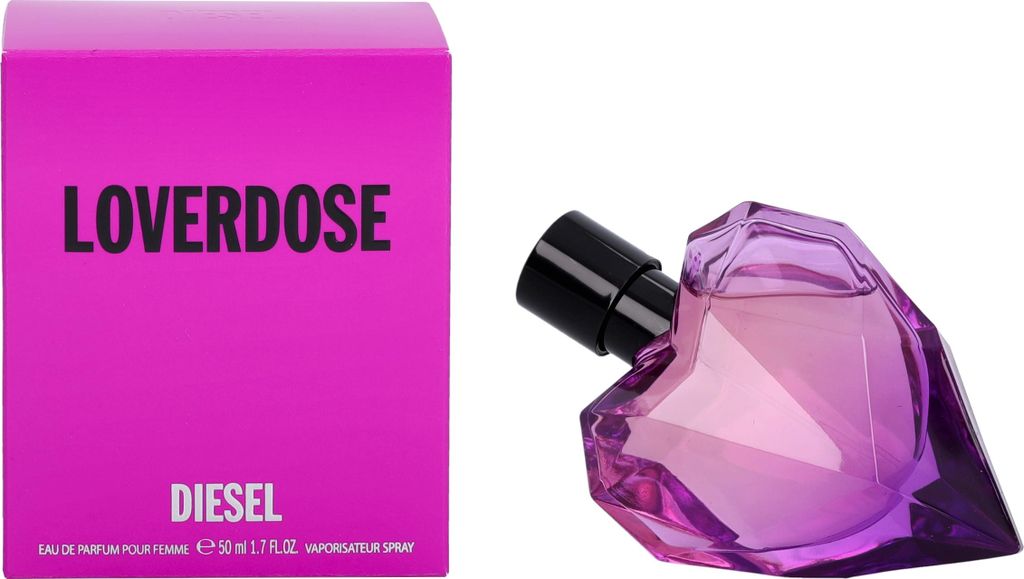 A pink box and a purple heart-shaped perfume bottle are shown against a white background.