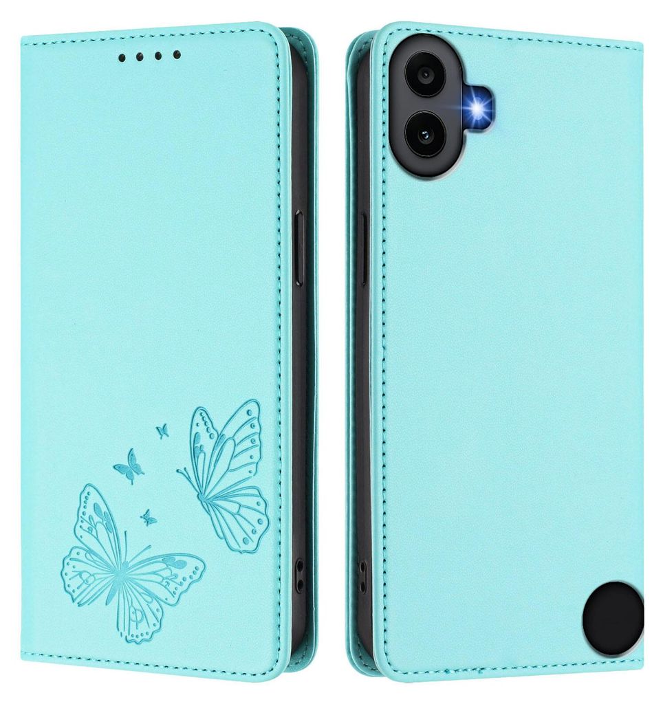 Lederhülle für Nothing CMF Phone 1, Schmetterling Prägung Leder Brieftasche Schutzhülle mit Ständer Türkis