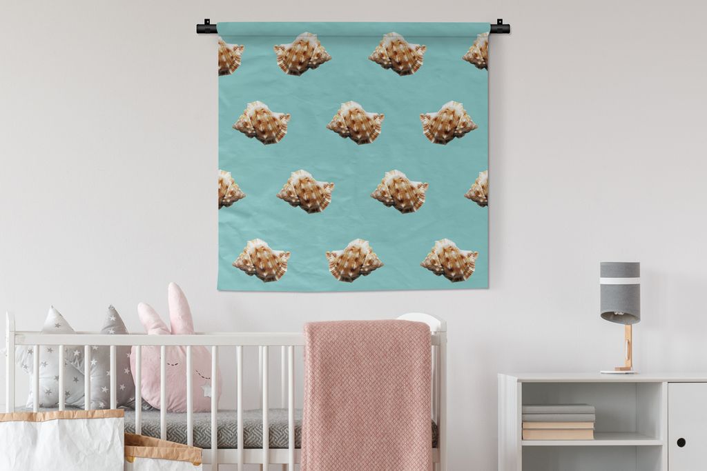 MuchoWow Wandteppich Wandbehang Muscheln - Muster - Grün 90x90 cm Tapisserie Dekoration Wandtuch - Wandaufhänger