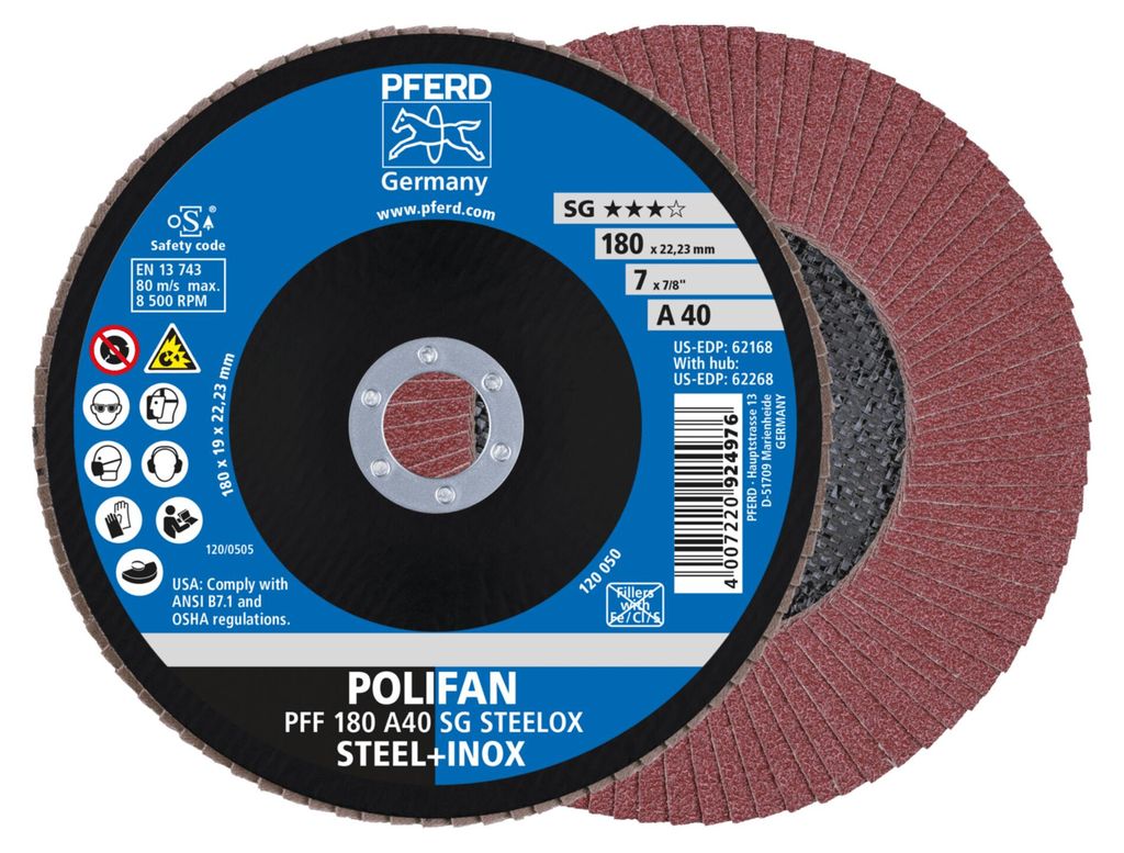 PFERD TOOLS POLIFAN Fächerscheibe PFF 180x22,23 mm flach A40 Leistungslinie SG STEELOX Stahl/Edelstahl 10 Stk