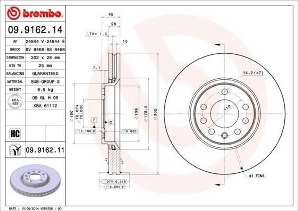 BREMBO 09.9162.14 - OE 95526652 Bremsscheibe für Signum (Z03), Vectra C (Z02)