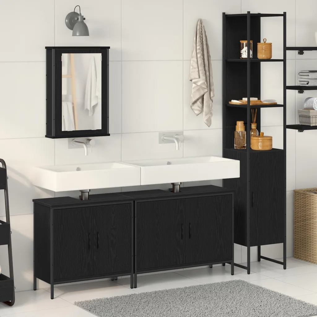 Aménagement salle de bain 4 pièces noir bois composite et étagère design