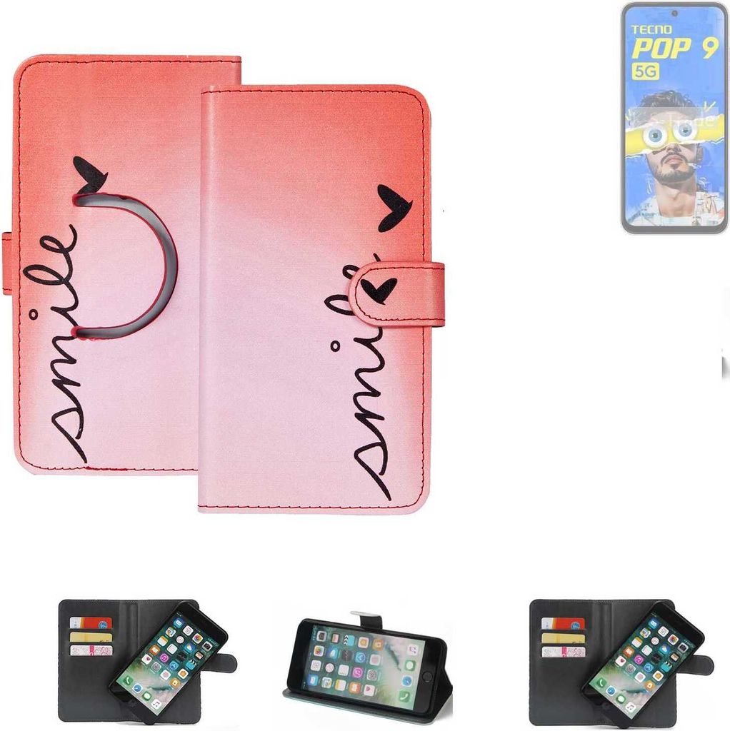 K-S-Trade Schutzhülle Handyhülle kompatibel mit Tecno Pop 9 Hülle cover bookstyle Etui ''smile'' rot Standfunktion Kameraschutz (1Stk)