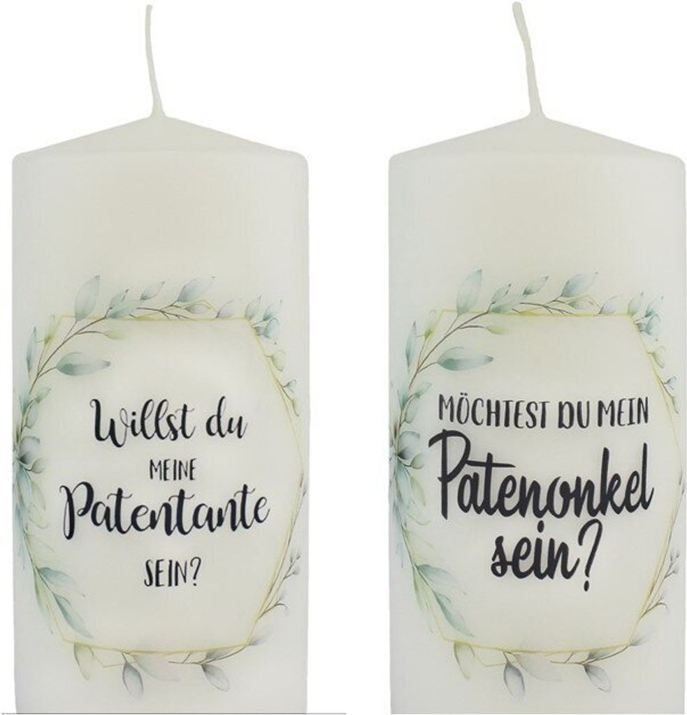 Spruchkerze "Willst du meine Patentante sein?" - "Willst du mein Patenonkel sein?" - 2-fach sortiert 200 x Ø 70 mm mit individueller Namensverzier...