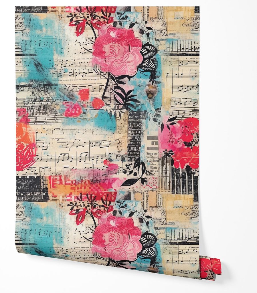 Vliestapete Blumen Collage Rosen Noten Zeitung Druck Abstraktes Vintage Muster Buntes Künstlerisches Design Wohnzimmer Schlafzimmer Flur UV-bestä...