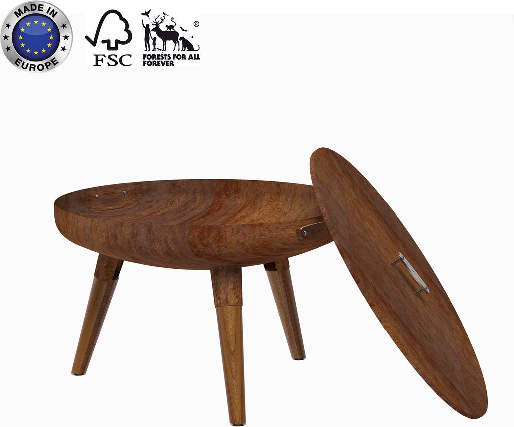 Masuria Feuerstelle 86 x 81 x 55 cm Feuerschale aus Corten Stahl mit Deckel und Griffen aus Edelstahl Nexo 80 Corten