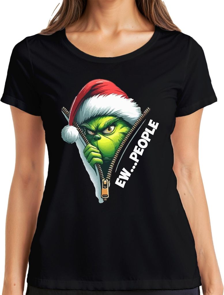EW PEOPLE Grinch Santa Reißverschluss Weihnachten lustig Damen T-Shirt, Schwarz, 3XL