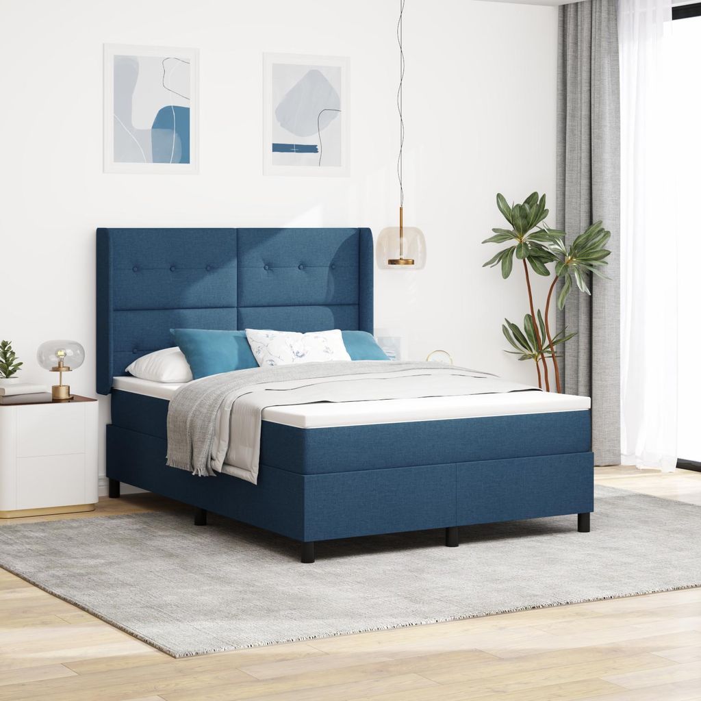 LED Boxspringbett mit Matratze Blau 140x190 cm Stoff, Design Möbel Klassische Betten Neu