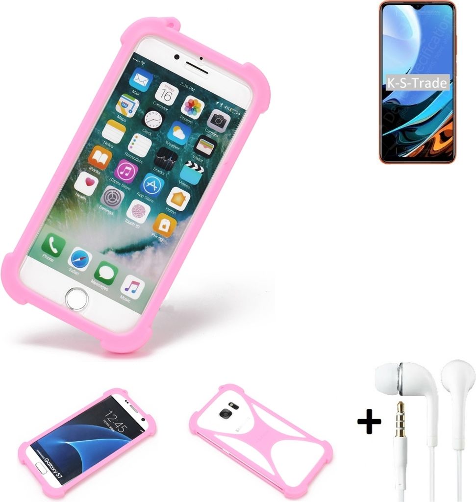 K-S-Trade Bumper + Kopfhörer kompatibel mit Xiaomi Redmi 9T Handy Hülle Schutzhülle Silikon Schutz Hülle Cover Case Silikoncase Silikonbumper TPU