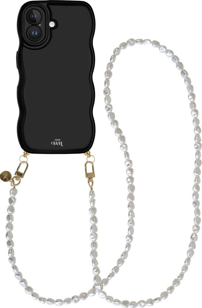 Glossy Wavy Cord Hülle Black - Pearlfection (Lange Handykette) - Kompatibel mit iPhone 16