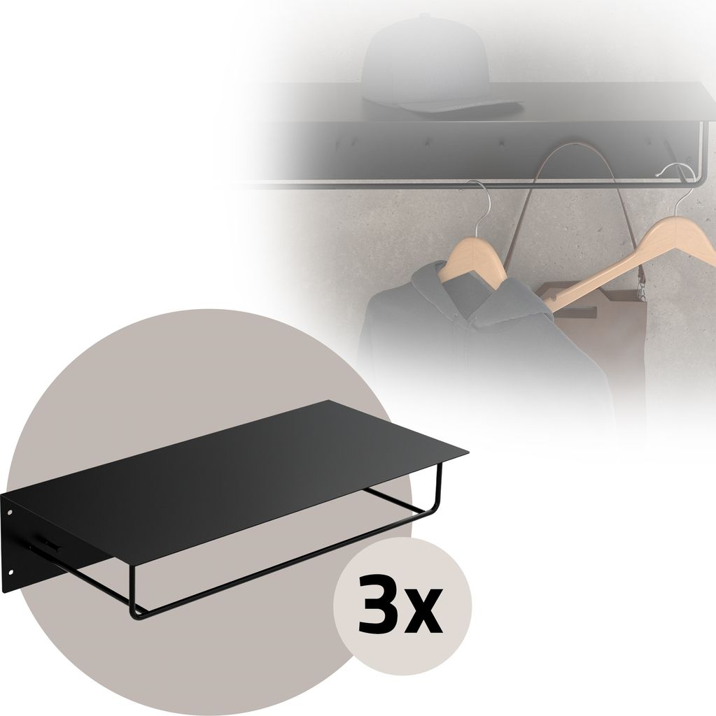 ML-Design 3er Set Wandgarderobe mit Hakenleiste, Kleiderstange & Hutablage, 60x30x15 cm, Schwarz, Metall Flurgarderobe für Jacken & Mäntel, Garde...
