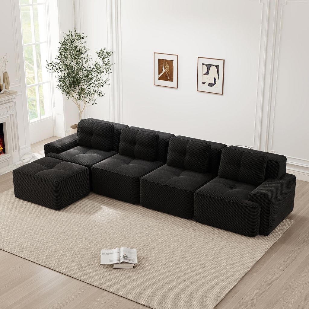 Modulares Ecksofa L-Form mit Chaiselongue, 4-Sitzer Corduroy-Wohnzimmersofa, Tiefsitz-Polstersofa, montagefrei & rutschfest