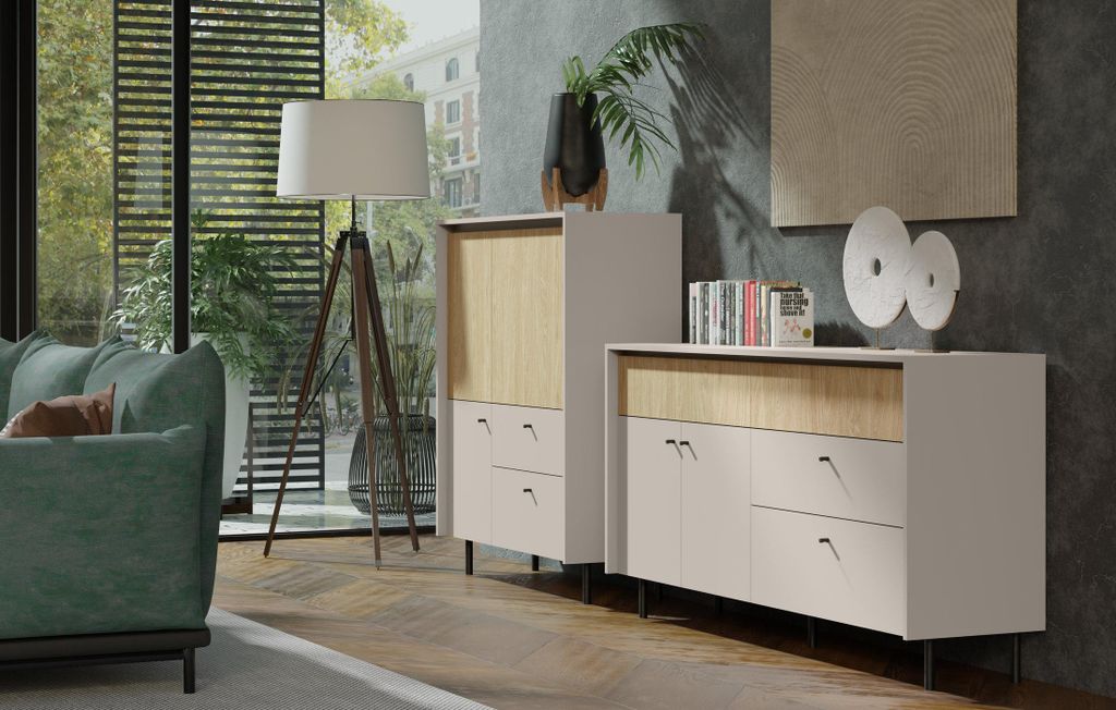 Wohnzimmer-Set – 2-teilig – MALTA System – 2× Kommode – Beige / Sonoma Eiche – Stilvolles Set für modernes Wohnen