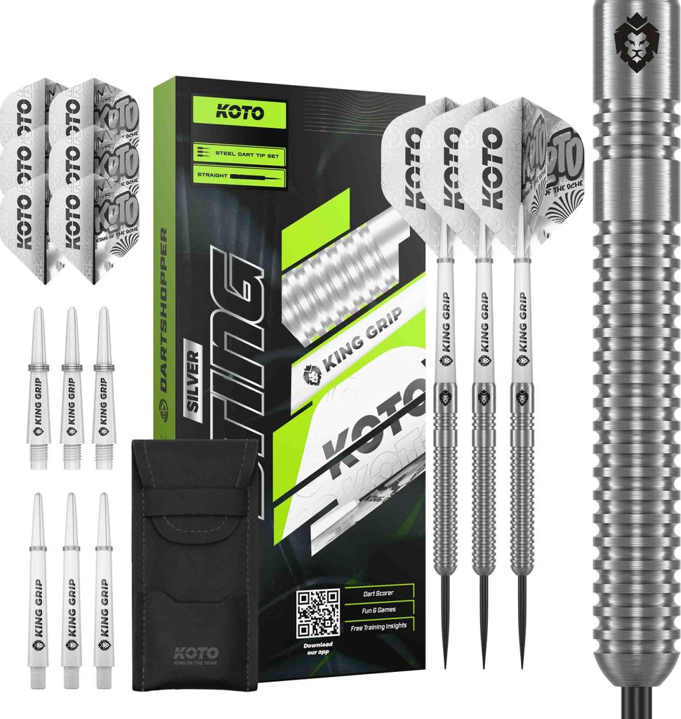 KOTO – Sting Silver Straight Dartpfeile Tungsten 90%, 23 G, Silber, Mit 6 Flights, Shafts und Wallet, Steeldarts, Darts profi Set, 3 Dart pfeile