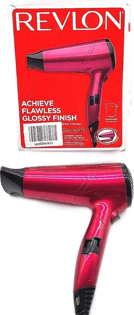 A product shot of a pink Revlon hair dryer in its packaging, and a separate shot of the hair dryer itself.