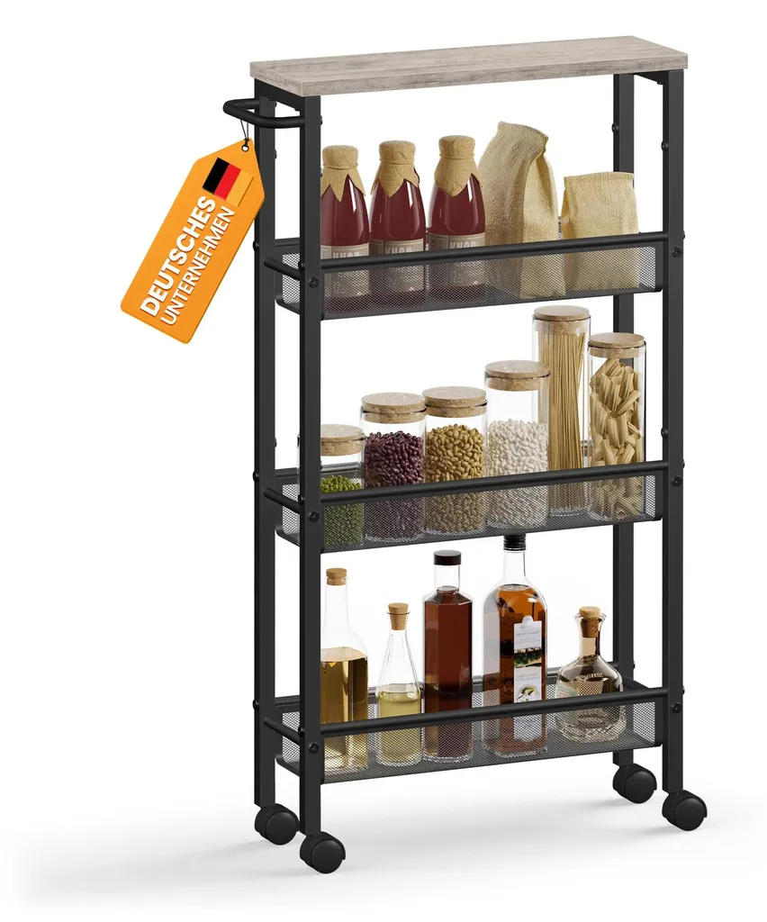 Chariot à 4 étages compact en acier avec poignée ergonomique gris