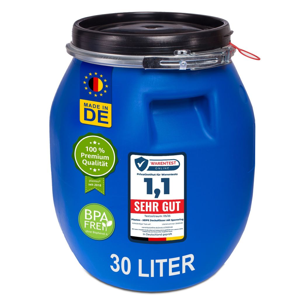 plasteo 30 Liter Deckelfass Weithalsfass Lagerfass Transportfass Kunststofffass Futtertonne Weithalstonne inkl. Gefahrgutzulassung