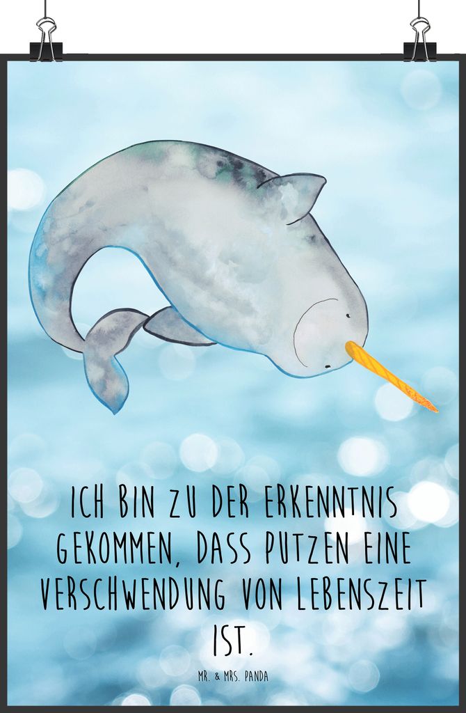 Mr. & Mrs. Panda Bild Narwal DIN A5 - Oceanblue - Geschenk, drucke, Posterdruck, Kinderzimmer, Wal, Wandbild, Meer, Aufräumen, Hausfrau, Putzen, P...